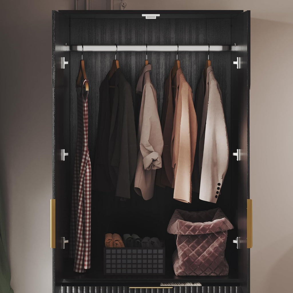 71.7" Wooden Wardrobe Armoire with 2 Doors and 3 Drawers, Black R48741