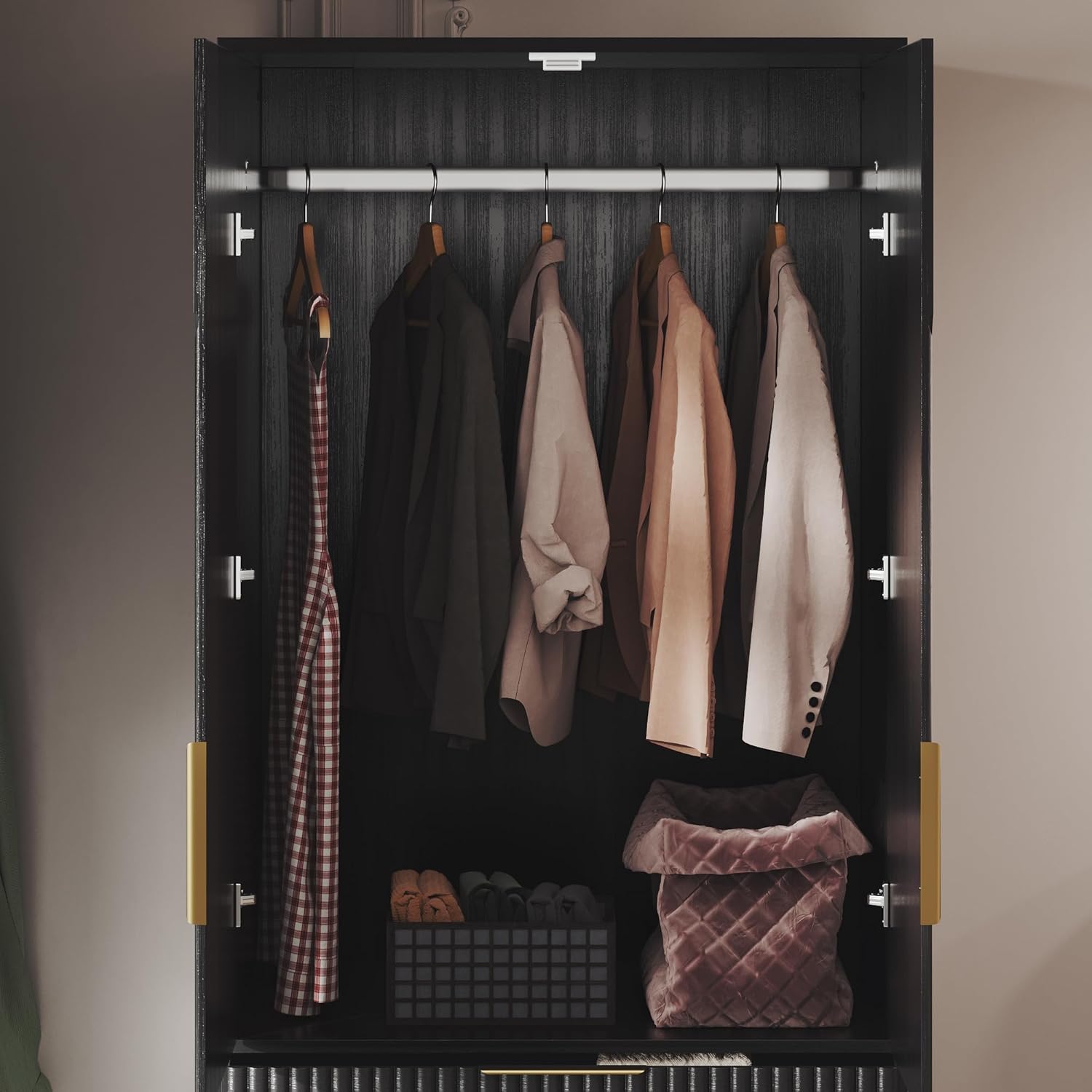 71.7" Wooden Wardrobe Armoire with 2 Doors and 3 Drawers, Black R48741