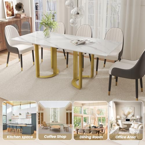 Modern Rectangle Marble Dining Table 63" White with Gold Trestle Pedestal J573458