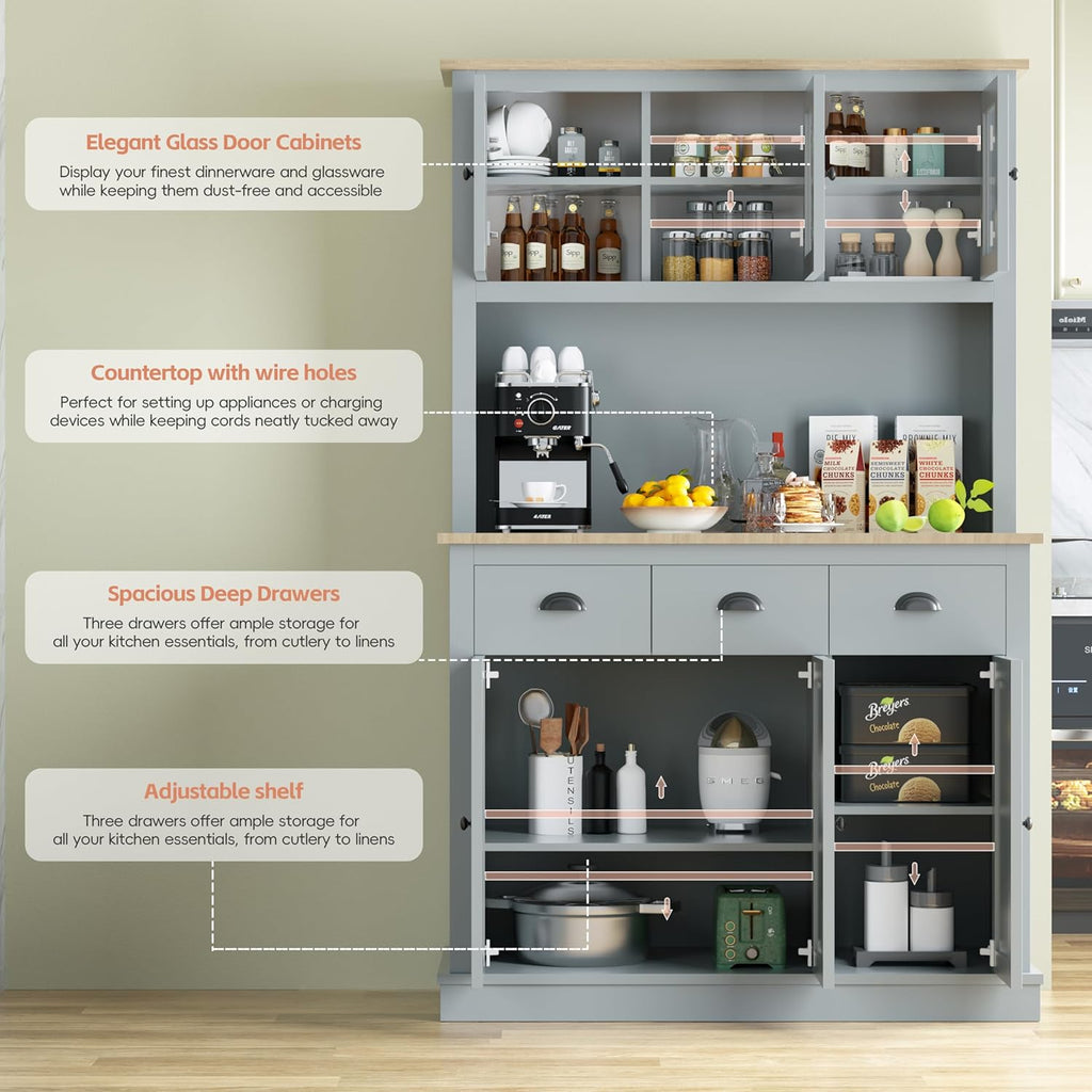 MU 71" Kitchen Hutch Storage Cabinet with Countertop, Grey P72649