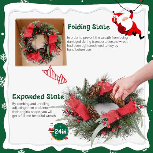 24 Inch Christmas Wreath with Red Ribbon and Pine Cones for Front Door D30392