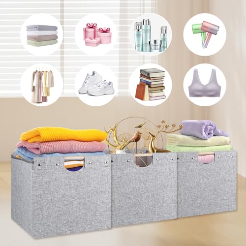 Collapsible Storage Cubes 4 Pack with Wooden Handles for Shelves, Beige J7023