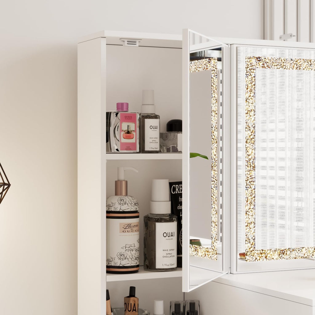 Homsee 43.3" White Luxury Makeup Vanity Desk with Lighted Mirror D2377
