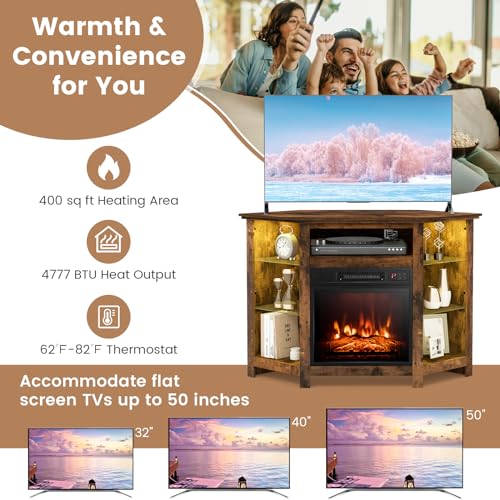 Fireplace Corner TV Stand for 50 Inch TV with LED Lights, Rustic Brown F48207