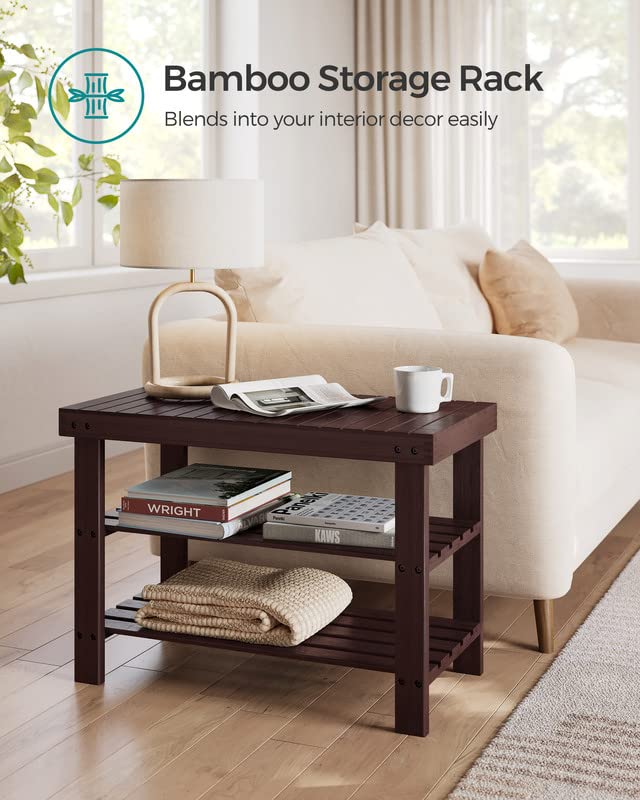 SONGMICS 3-Tier Bamboo Shoe Rack Bench, Entryway Storage, Ink Black X802