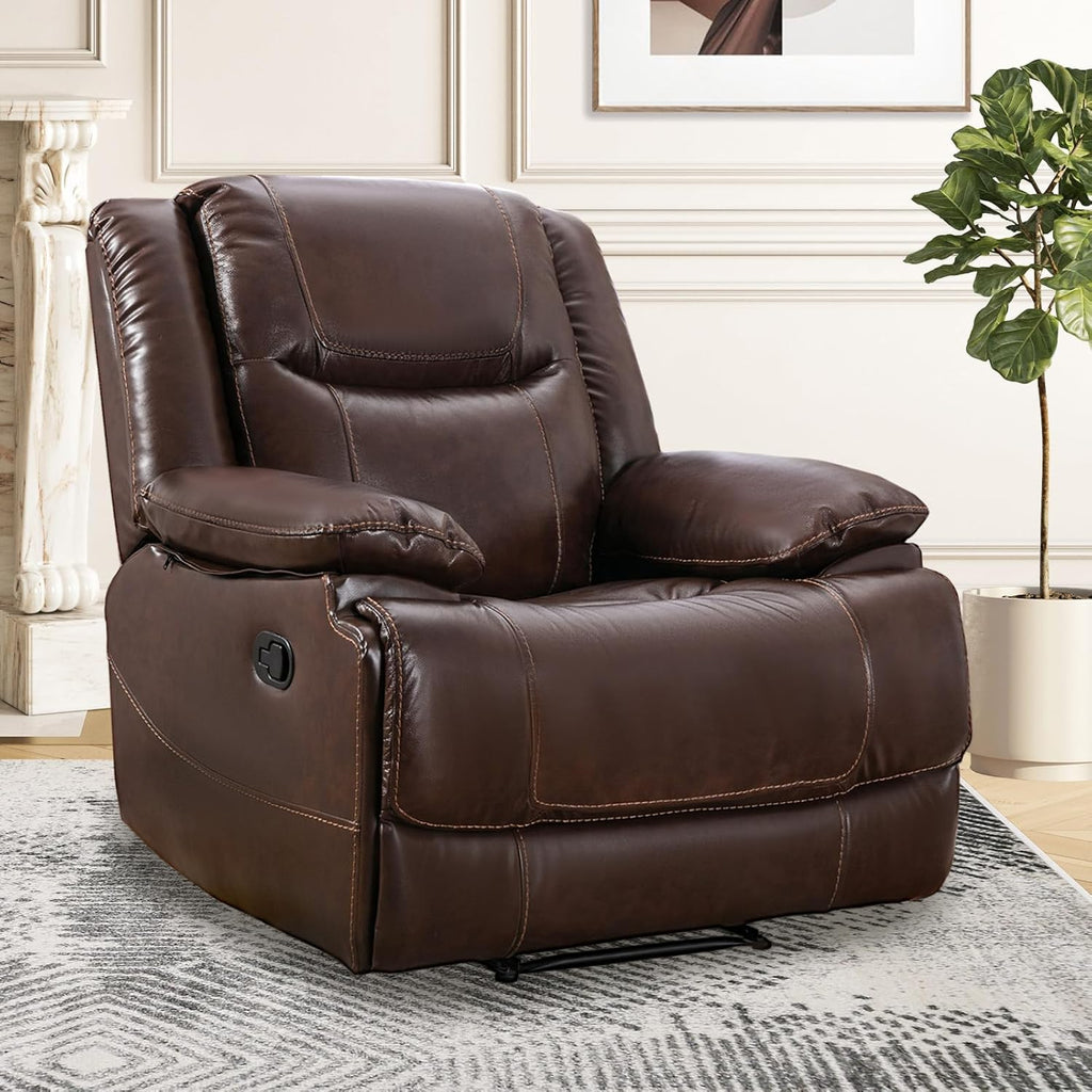 Genuine Leather Manual Recliner, Classic Traditional Reclining Chair with Overstuffed Back and Arm, Single Sofa Recliner Chair for Living Room, Bedroom, Home Theater (Brown)