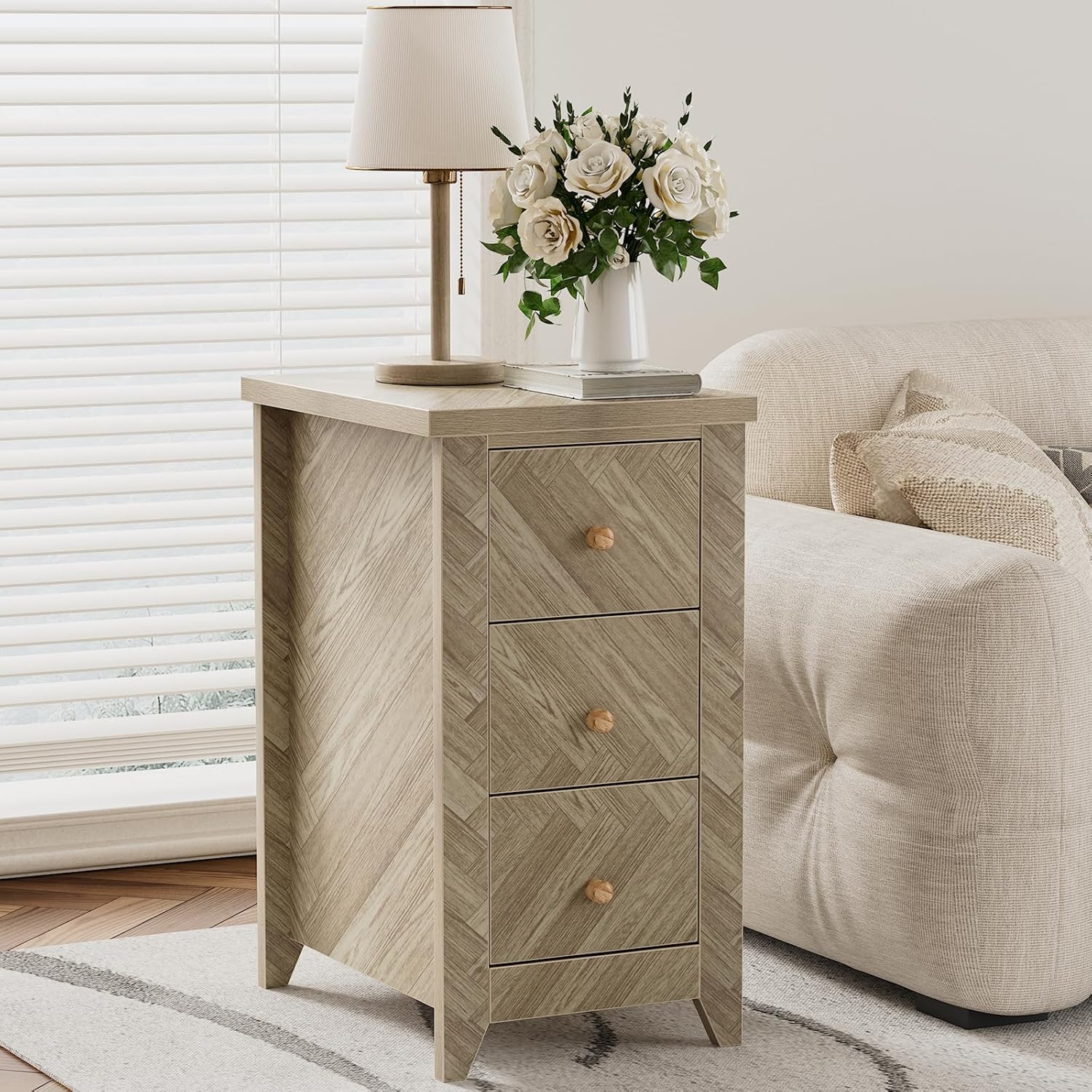 Anmytek End Table with 3 Drawers, Wood Narrow Side Table for Living Room, Skinny Nightstand Modern Bedside Table for Bedroom, Dorm, Small Spaces, Sofa, 18.11" D x 14.17" W x 25.8" H