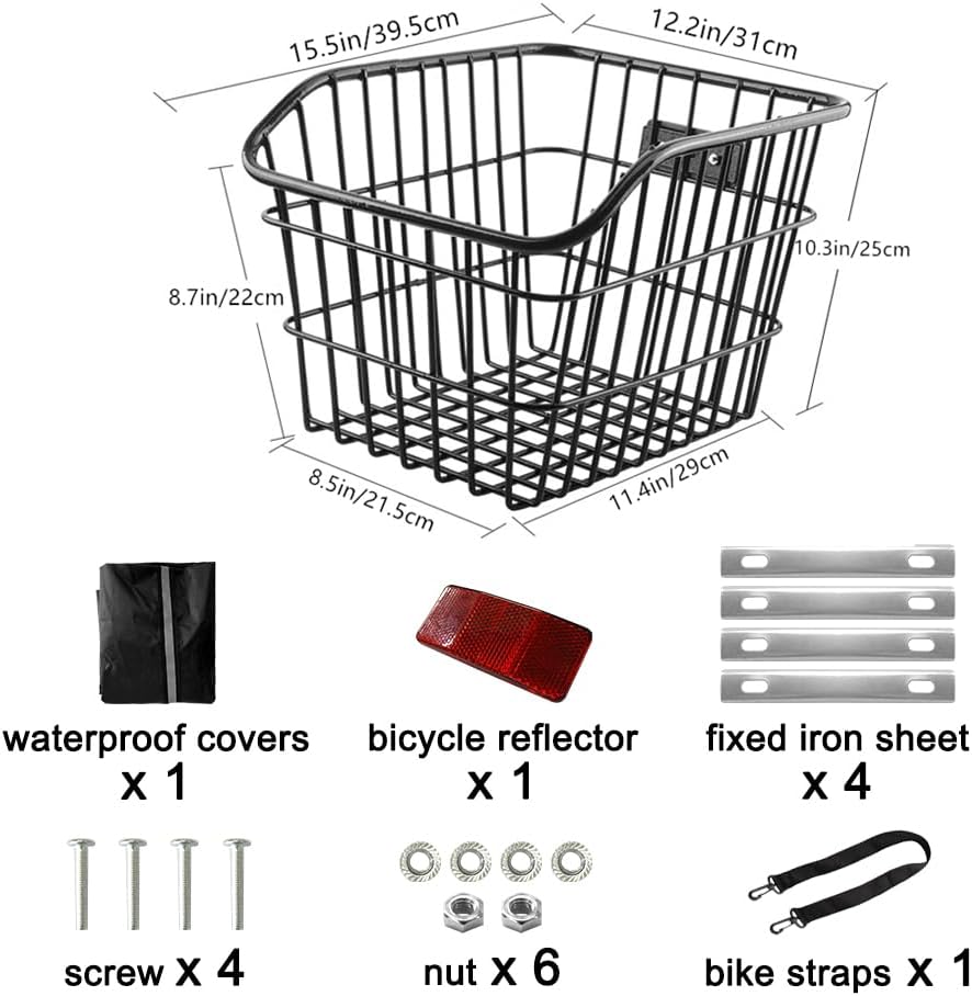 Rear Bike Basket, Waterproof Metal Wire with Reflective Cover, Large Capacity, Fits Most Rear Racks C726