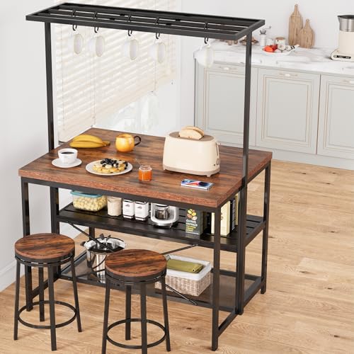 Kitchen Island with Storage, Bakers Rack with Power Outlet, 3 Tier Microwave Stand, Coffee Bar Table I24443
