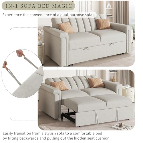 3 in 1 Convertible Sleeper Sofa Bed with Adjustable Backrest, Beige W32597