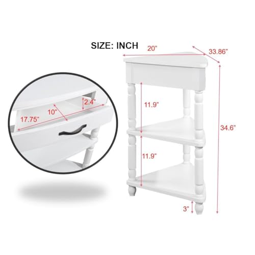 Knocbel Corner Table for Small Spaces, Triangle Side Table with Drawer and Shelves, Milk White L906