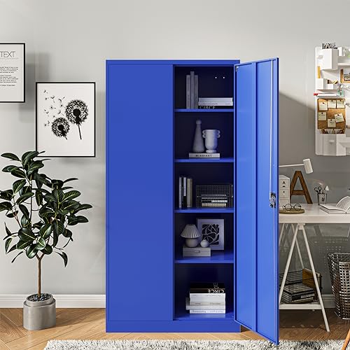 Metal Storage Cabinet with Doors and Shelves, 71" Locking Steel, White L799