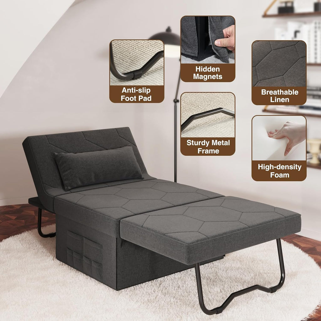 4 in 1 Sleeper Chair Convertible Sofa Bed with Ottoman, Dark Grey W57436