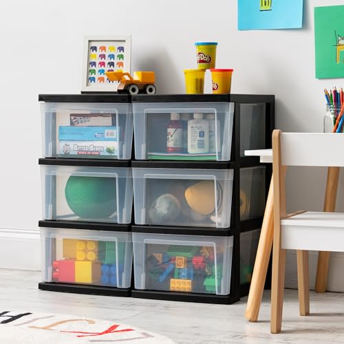 IRIS USA Plastic Drawer Storage Organizer, 3-Drawers, 2-Pack, Black/Clear J77123