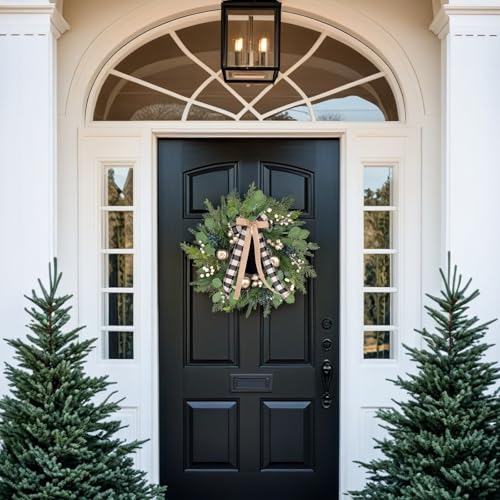 24 Inch Christmas Wreath for Front Door with Storage Bag, Gold Apple & Blue/White Berry, Buffalo Plaid Bow O585