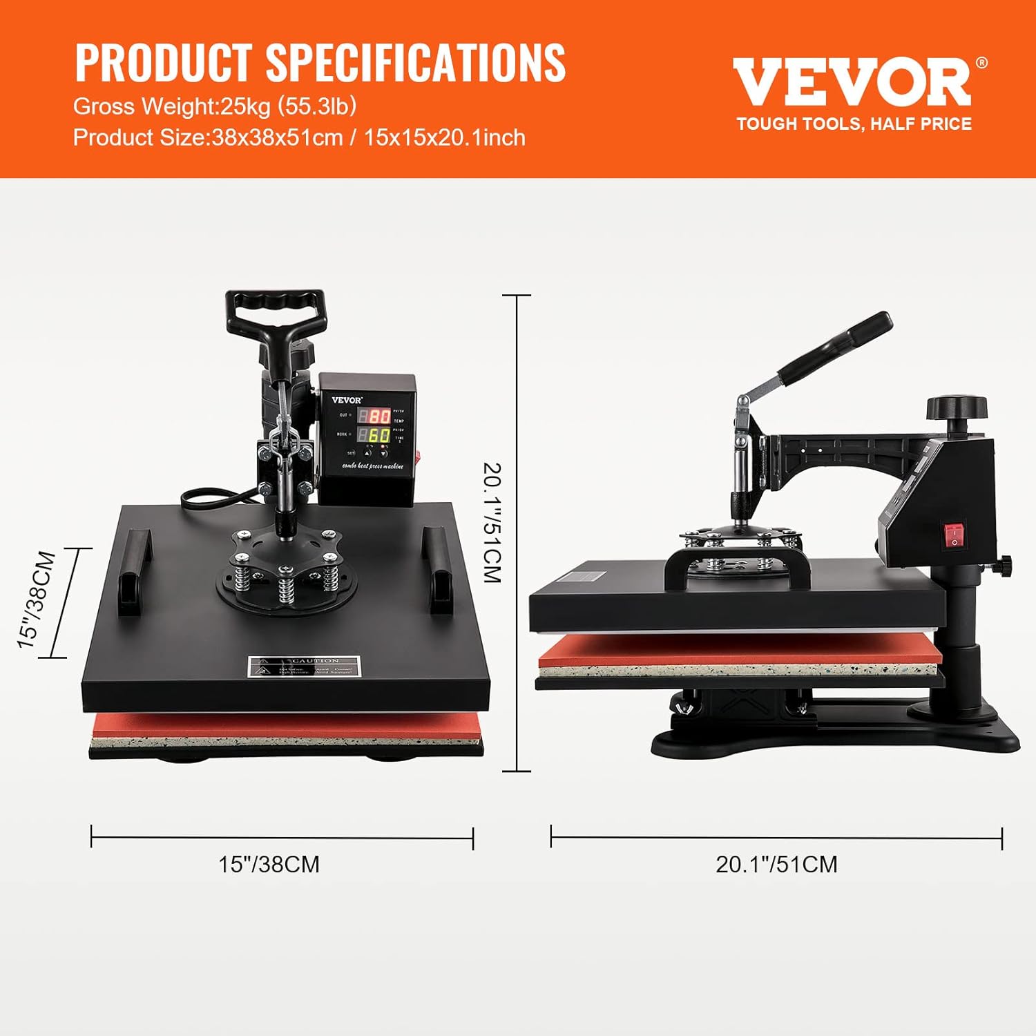 VEVOR 8 in 1 Heat Press Machine 15x15, 360° Swing Away for T Shirts, Hats & Mugs G41798