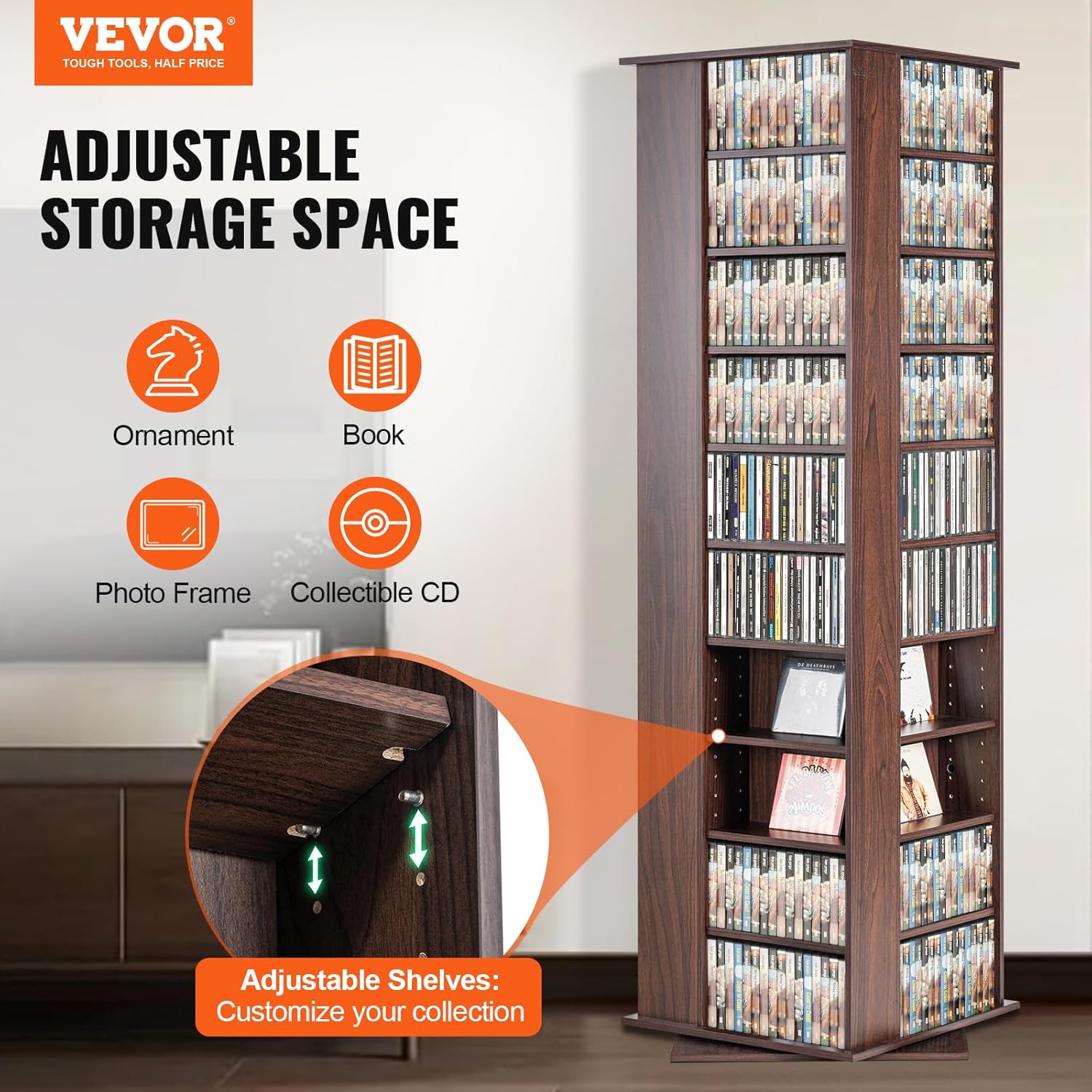 VEVOR Media Storage Cabinet Rotating Media Tower Holds 1040 CDs Espresso L606496
