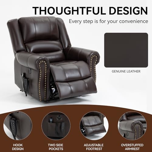 Dual Motor Power Lift Recliner Chair with Massage and Heat, Faux Leather, Brown V8458