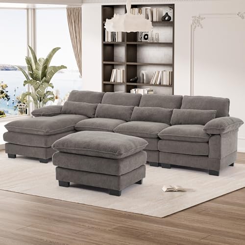 OUYESSIR 114" U Shape Sectional Sofa Cloud Couch for Living Room, Upholstery Comfy Modular Sofa, 4 Seat Chenille L-Shaped Sleeper Sofa with Chaise Lounge, Ottoman & Pillows,Beige White