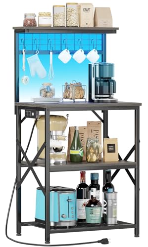 Furologee Bakers Rack with Power Outlet and LED Light, 4-Tier Microwave Stand, Rustic Brown M537
