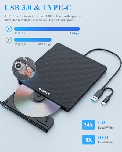 External CD DVD Drive for Laptop, USB 3.0 Type-C, Slim Portable Burner T70166