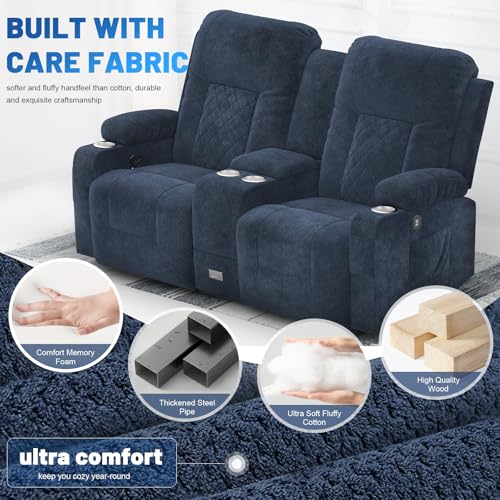 YONISEE Fabric Loveseat Recliner with Storage Console and USB Ports, Grey H759