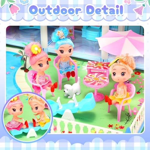 Dollhouse 4-Story 11 Rooms with Furniture and Pool Slide for Toddlers Girls W52940