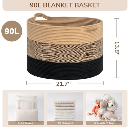 INDRESSME Large Cotton Rope Storage Basket with Handles, 90L Grey R37552