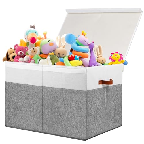 Large Toy Storage Box with Lid and Dividers for Kids, Beige and White X95078
