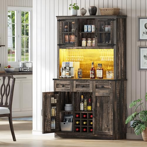 DWVO Coffee Bar Cabinet with Power Outlet and Lights, Farmhouse Pantry Cabinet, Dark Rustic Oak H8447