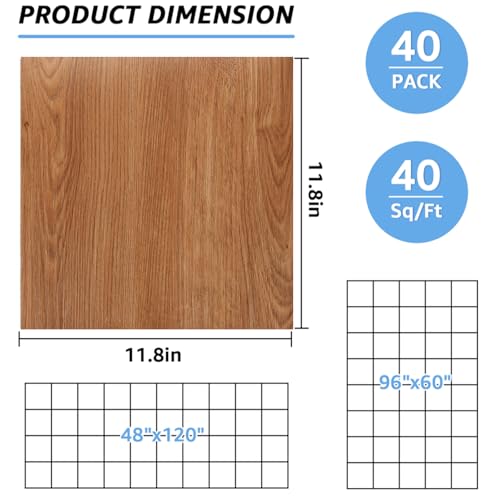 Peel and Stick Vinyl Floor Tiles 12x12 Waterproof Wood Look, 40 Sheets V905