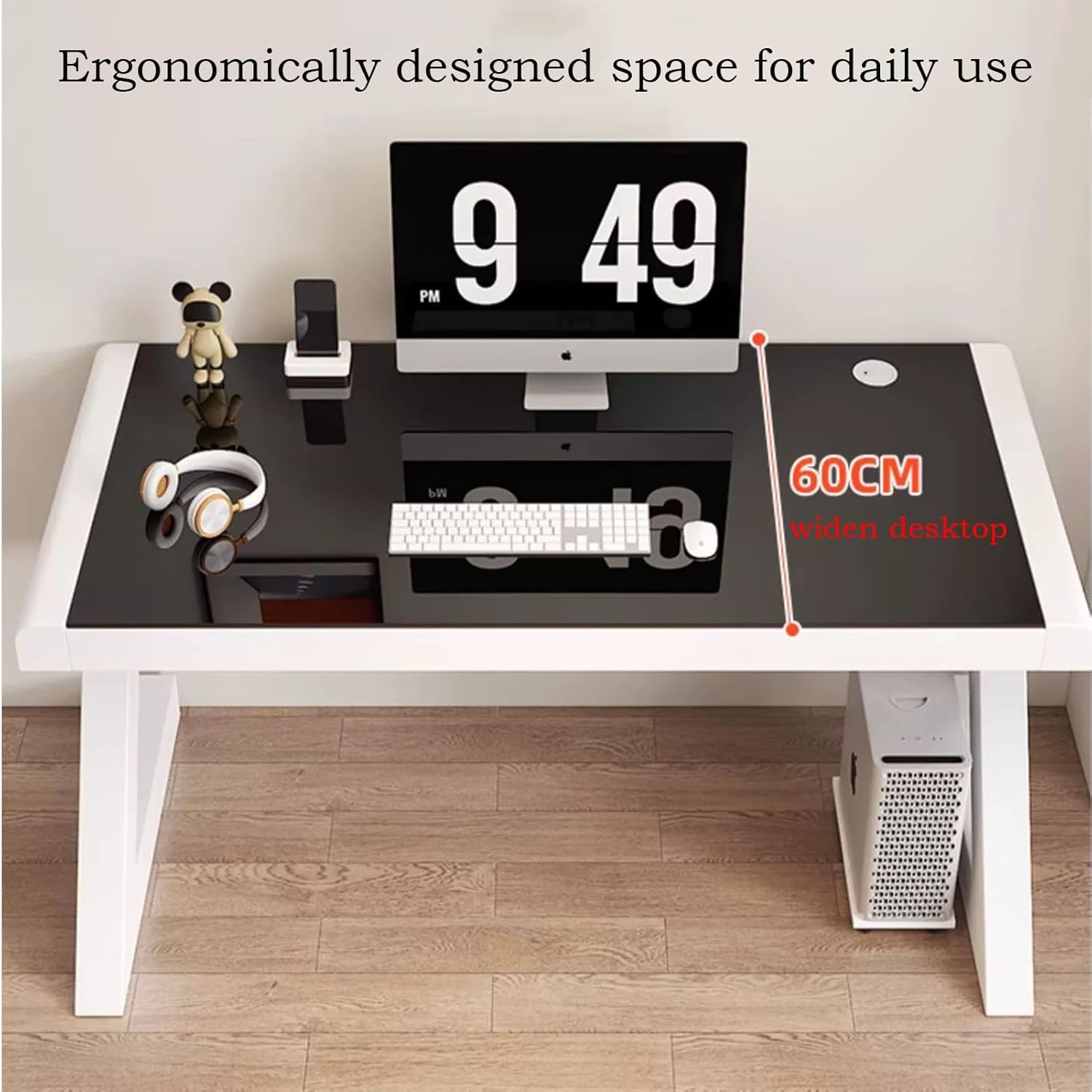 Modern Z-Shape Computer Desk with Keyboard Tray, Tempered Glass, White M154075