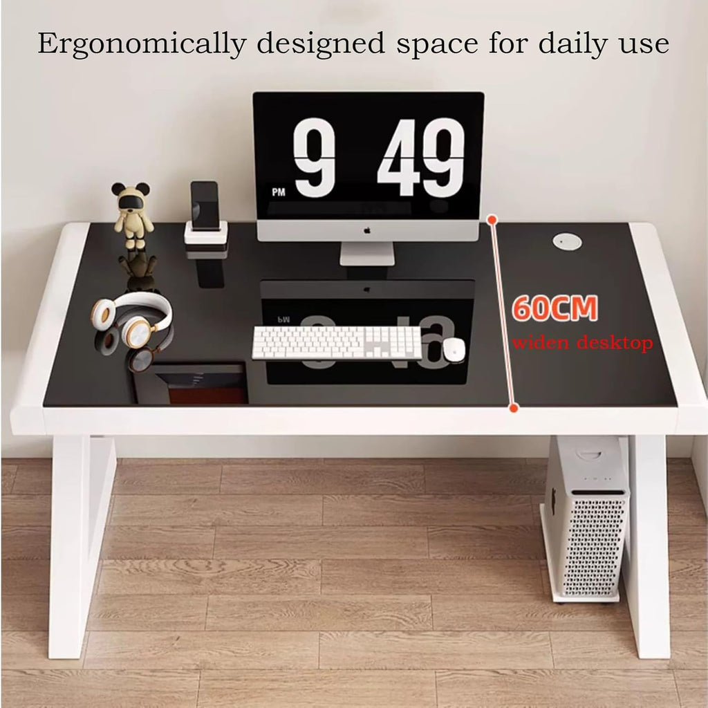 Modern Computer Desk Tempered Glass with Threading Hole Storage, Black F244