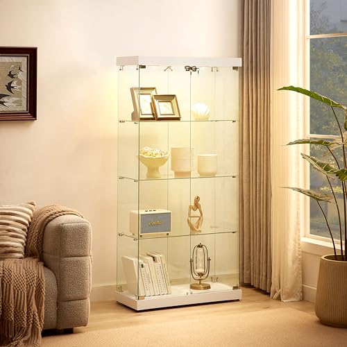 Glass Display Cabinet with LED Lights, Glass Curio Cabinets with Double Doors, Locking Glass Cabinet Display Case for Home, Office, Clinic, Pantry, Assemble Required (Black)