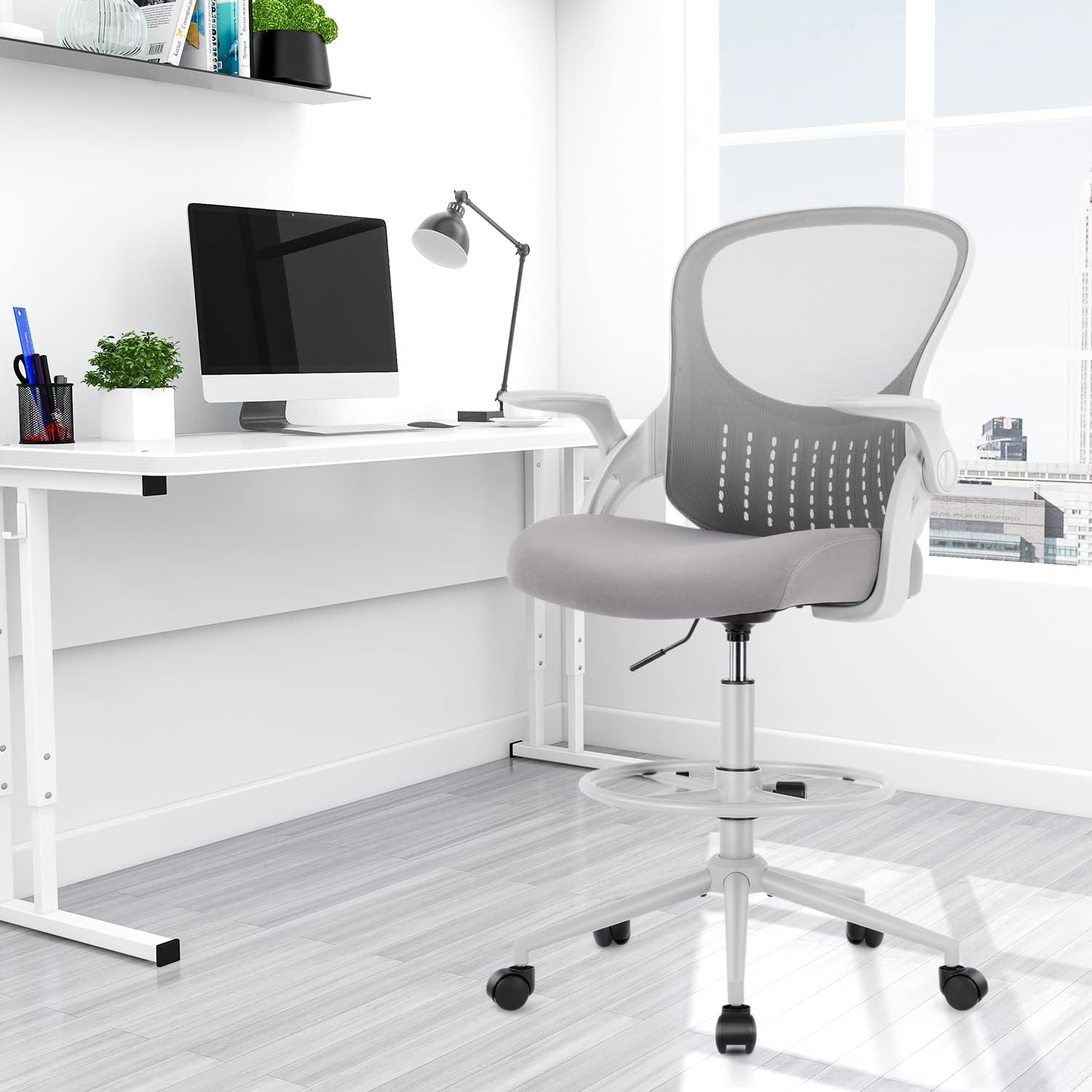 edx Drafting Chair Tall Office Chair with Flip-up Arms, Grey W57834