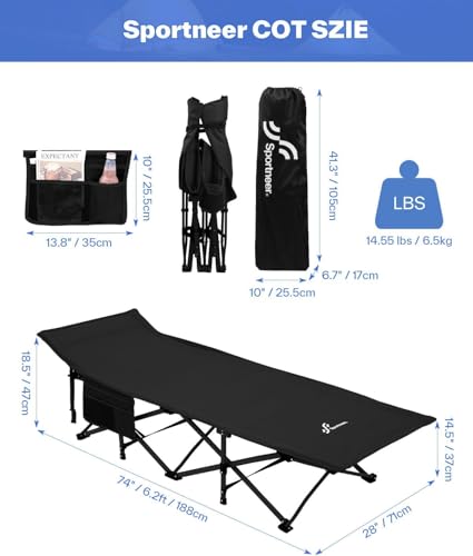 Sportneer Camping Cot for Adults with Mattress, Heavy Duty Folding Portable Bed R956