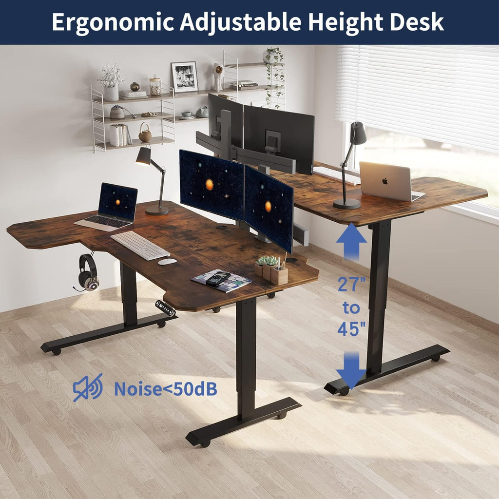 59" L-Shaped Electric Standing Desk with Rustic Brown Top X37455