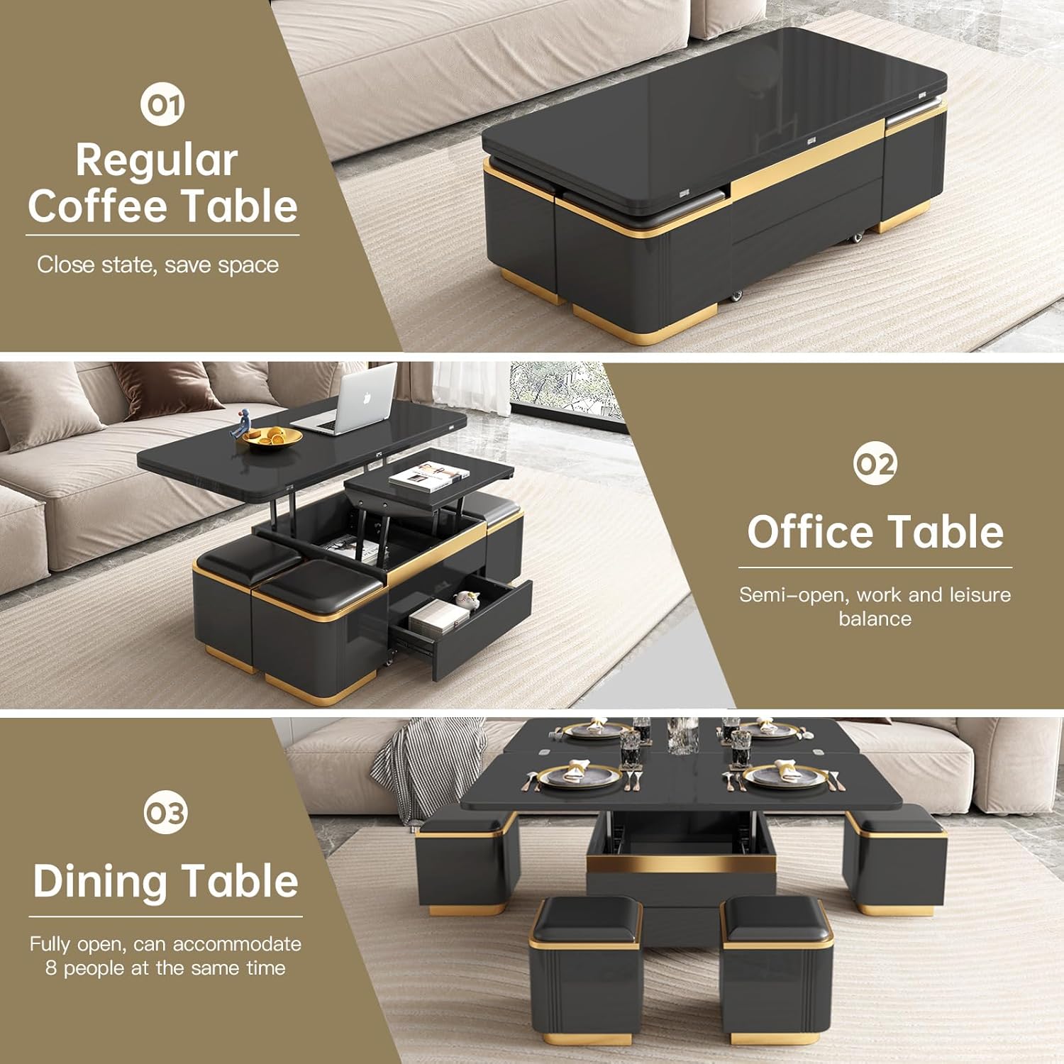 Black Lift Top Coffee Table with 4 Storage Stools T544