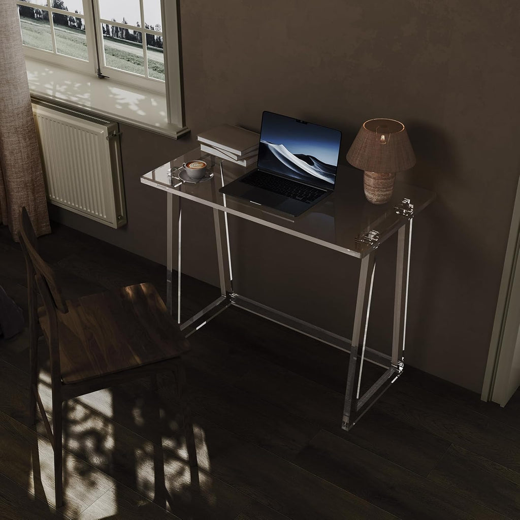 HMYHUM Acrylic Desk 35.4 Inch Clear Computer Desk with Trapezoid Legs F311427
