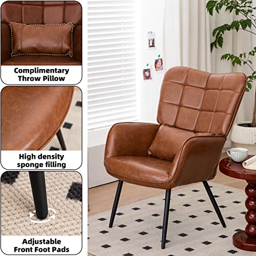 Modern Accent Chair with High Back, Leather Upholstered, Metal Legs - Brown T343