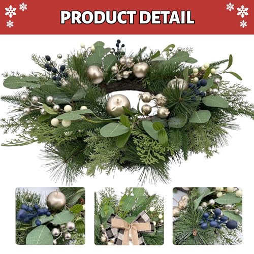 24 Inch Christmas Wreath for Front Door with Storage Bag, Gold Apple & Blue/White Berry, Buffalo Plaid Bow O585