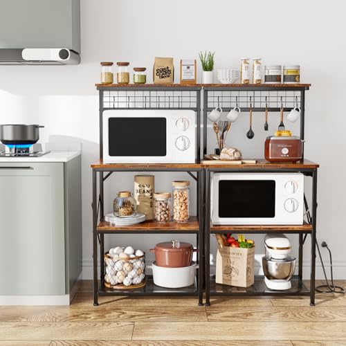 Furologee Kitchen Bakers Rack with Power Outlet, 4-Tier Microwave Stand, Rustic Brown Q634