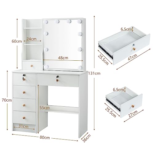 White Vanity Desk Set with 10 LED Lights and Charging Station W7137
