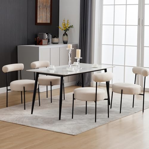 Shunzhi Modern Linen Fabric Dining Chairs Set of 2 Upholstered Dining Room Chairs with Round Seat, Kitchen Chairs Accent Side Chair with Barrel Back/Black Metal Legs for Kitchen/Dining Room, Beige