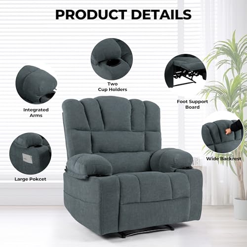 Oversized Recliner Chair for Adults, Extra Wide Seat, Chenille with Pockets (Grey) B6810