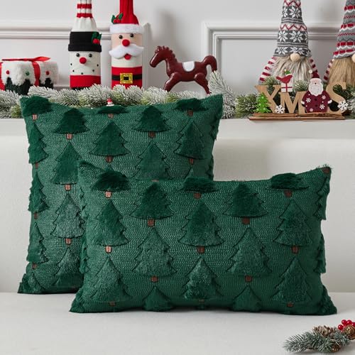 UGASA Star Christmas Decorative Pillow Covers 18x18 Inch Set of 2 Dark Green Q9265
