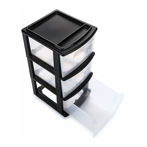 HOMZ 3-Tier Clear Plastic Storage Organizer Cart with Wheels, Black Frame M4715