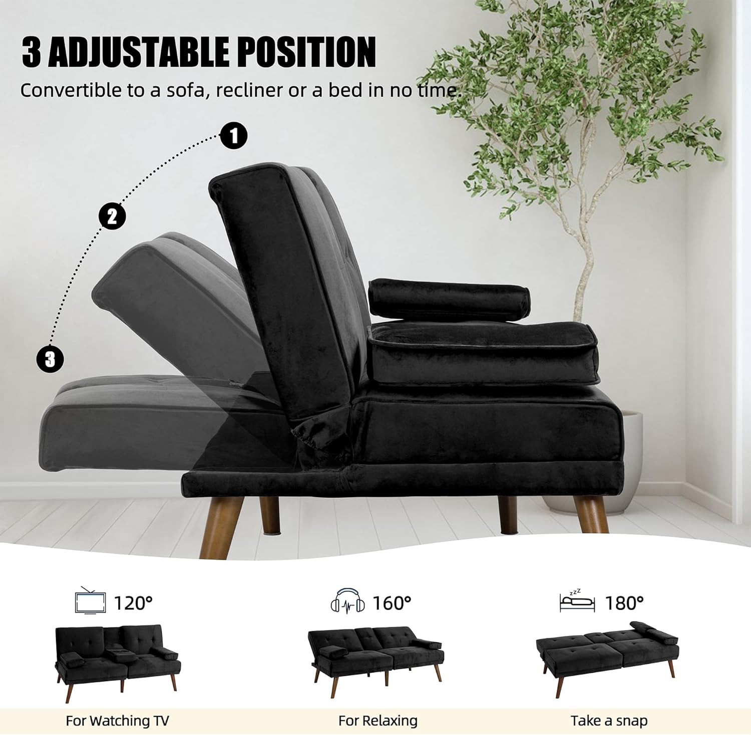 Shintenchi 60" Small Loveseat Convertible Sofa Bed, Black Q525571
