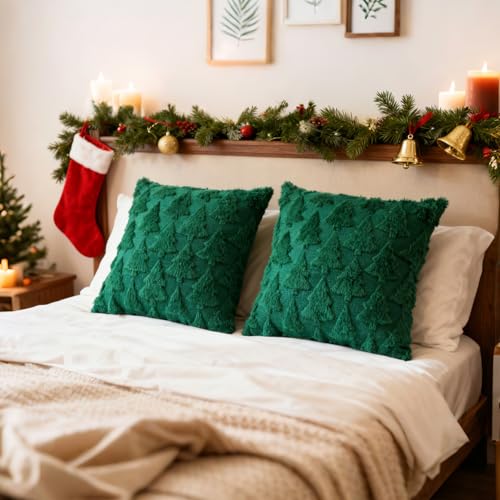 Christmas Throw Pillow Covers 18x18 Set of 2 Plush Green Tree Z112