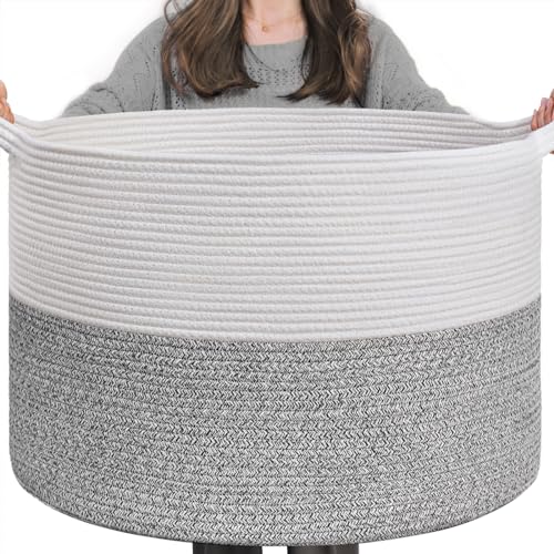 INDRESSME Large Cotton Rope Storage Basket with Handles, 90L Grey R37552